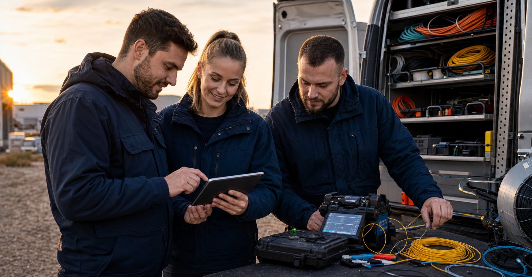 Netzwerktechniker bereiten Glasfaser-Equipment vor